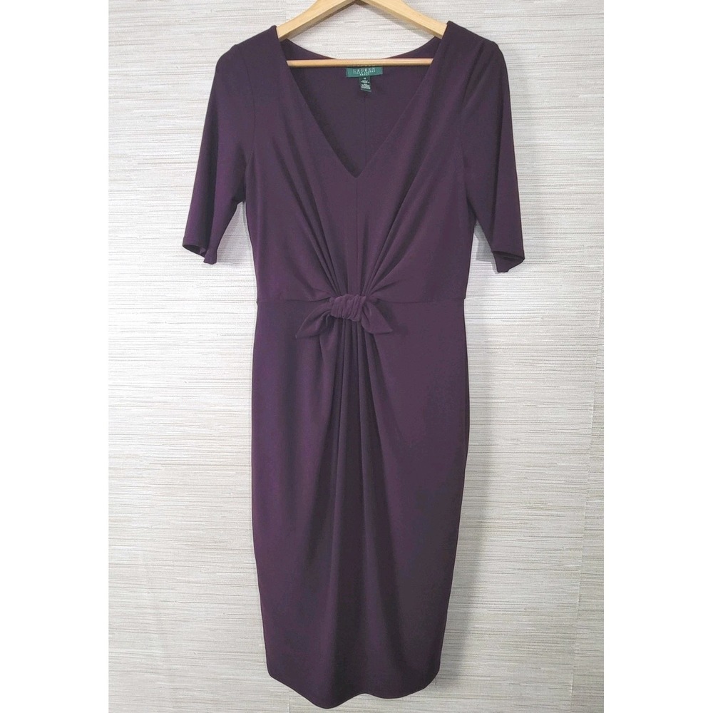 Lauren Ralph Lauren Sheath Dress Womens‎ 10 Purple V-Neck Ruched Knotted Front